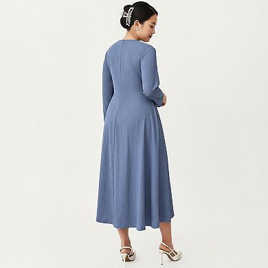 Women's Plus Size Long Sleeve Midi Dress with Fitted Bodice, Flared Skirt, and Square Neckline