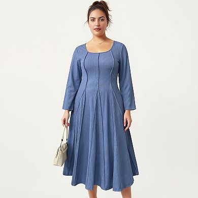 Women's Plus Size Long Sleeve Midi Dress with Fitted Bodice, Flared Skirt, and Square Neckline
