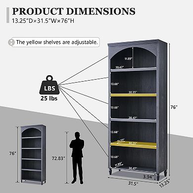 Arched Bookcase with 2 Adjustable Shelves, 76" Tall Bookshelves with Open Display Shelves