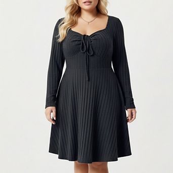 Women's Plus Size Long Sleeve Ribbed Knit Dress with Tie Front Detail and Flared Skirt