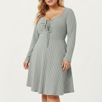 Women's Plus Size Long Sleeve Ribbed Knit Dress with Tie Front Detail and Flared Skirt