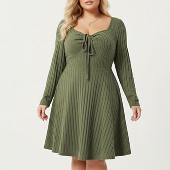 Women's Plus Size Long Sleeve Ribbed Knit Dress with Tie Front Detail and Flared Skirt