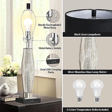 ELEMENT ACE Modern Glass Table Lamps Set with USB Ports & 3-Way Lighting for Bedroom, Living Room