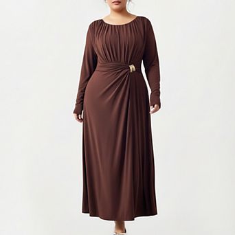 Women's Plus Size Long Sleeve Draped Maxi Dress with Gathered Waist and Elegant Silhouette