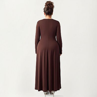 Women's Plus Size Long Sleeve Draped Maxi Dress with Gathered Waist and Elegant Silhouette