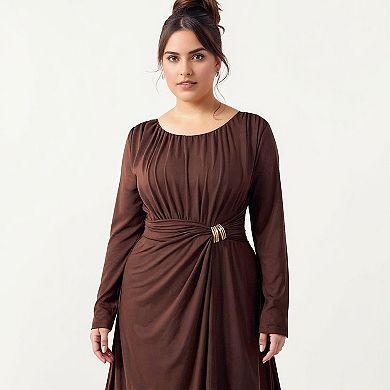 Women's Plus Size Long Sleeve Draped Maxi Dress with Gathered Waist and Elegant Silhouette