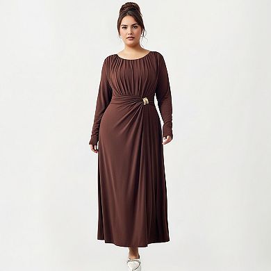 Women's Plus Size Long Sleeve Draped Maxi Dress with Gathered Waist and Elegant Silhouette