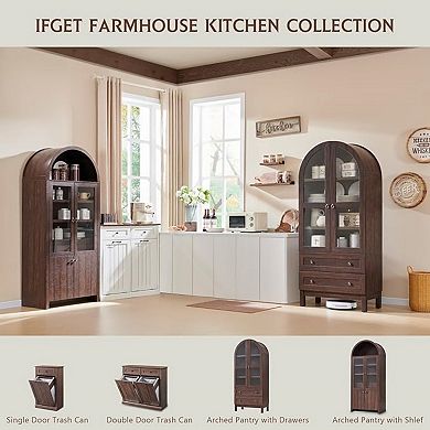 71" Tall Arched Kitchen Pantry Cabinet, Farmhouse Wood Storage Cupboard with Adjustable Shelves