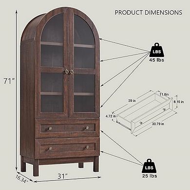 71" Tall Arched Kitchen Pantry Cabinet, Farmhouse Wood Storage Cupboard with Adjustable Shelves