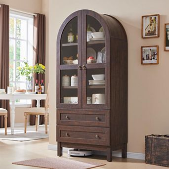 71″ Tall Arched Pantry Cabinet with 2 Drawers & Adjustable Shelves & Glass Doors