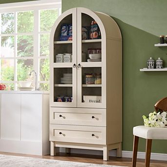 71" Tall Arched Kitchen Pantry Cabinet, Farmhouse Wood Storage Cupboard with Adjustable Shelves