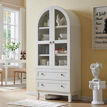 71″ Tall Arched Pantry Cabinet with 2 Drawers & Adjustable Shelves & Glass Doors