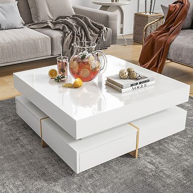 GOODSILO Modern High Gloss Square Coffee Table with 4 Drawers & Wood Grain Legs