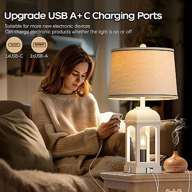 ELEMENT ACE Modern Farmhouse Table Lamp Set with USB Charging Ports and Built-in Nightlight