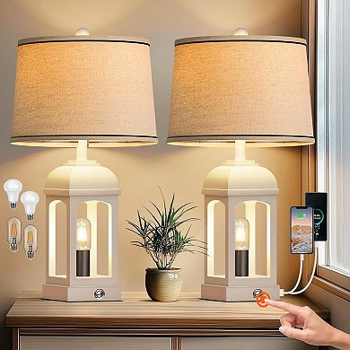 ELEMENT ACE Modern Farmhouse Table Lamp Set with USB Charging Ports and Built-in Nightlight