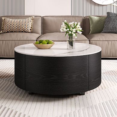 GOODSILO Modern Round Movable Coffee Table with Casters and Storage Drawers