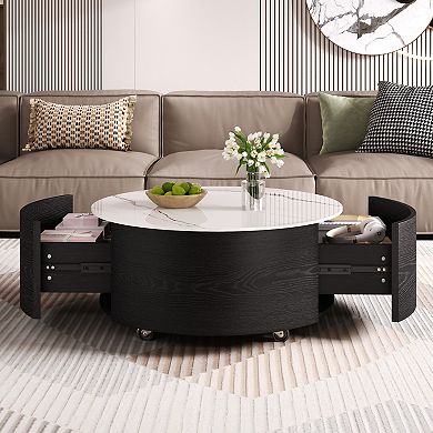 GOODSILO Modern Round Movable Coffee Table with Casters and Storage Drawers