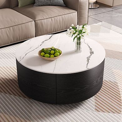 GOODSILO Modern Round Movable Coffee Table with Casters and Storage Drawers