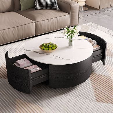 GOODSILO Modern Round Movable Coffee Table with Casters and Storage Drawers