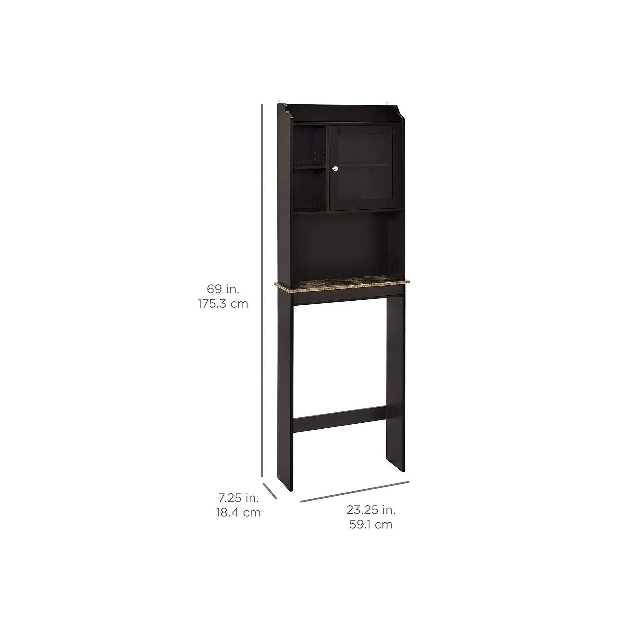 Black over-the-toilet space saver cabinet dimensions diagram