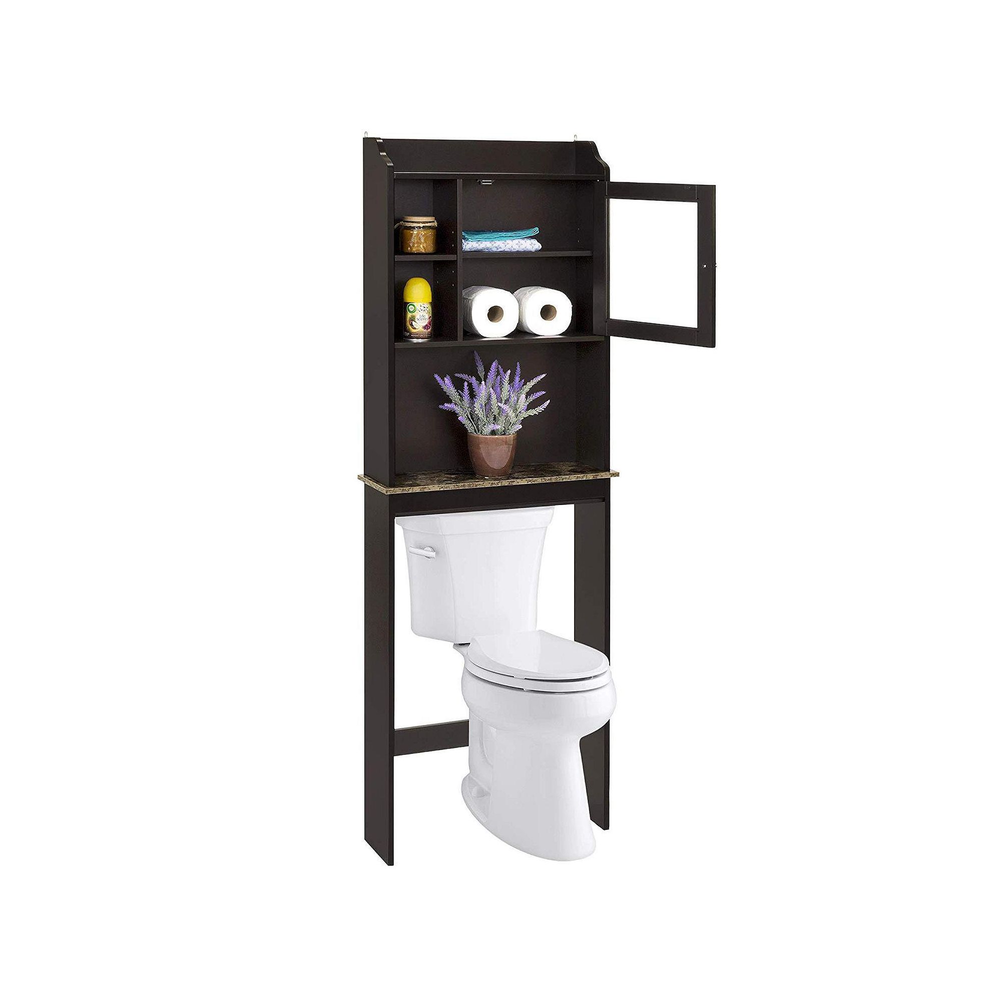 Black over-the-toilet storage cabinet with open and closed compartments