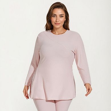 Women's Plus Size Long Sleeve Textured Tunic Top with Crew Neck Relaxed Fit and Flattering Seam