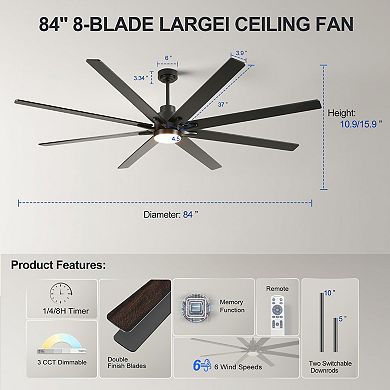 ELEMENT ACE Large 84-Inch 8-Blade Reversible Ceiling Fan with Dimmable LED Light and Remote Control