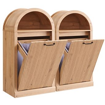 10 Gallon Tilt-Out Trash Can Cabinet, Modern Arched Garbage Can with Fluted Door & Open Shelf