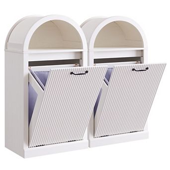 10 Gallon Tilt-Out Trash Can Cabinet, Modern Arched Garbage Can with Fluted Door & Open Shelf
