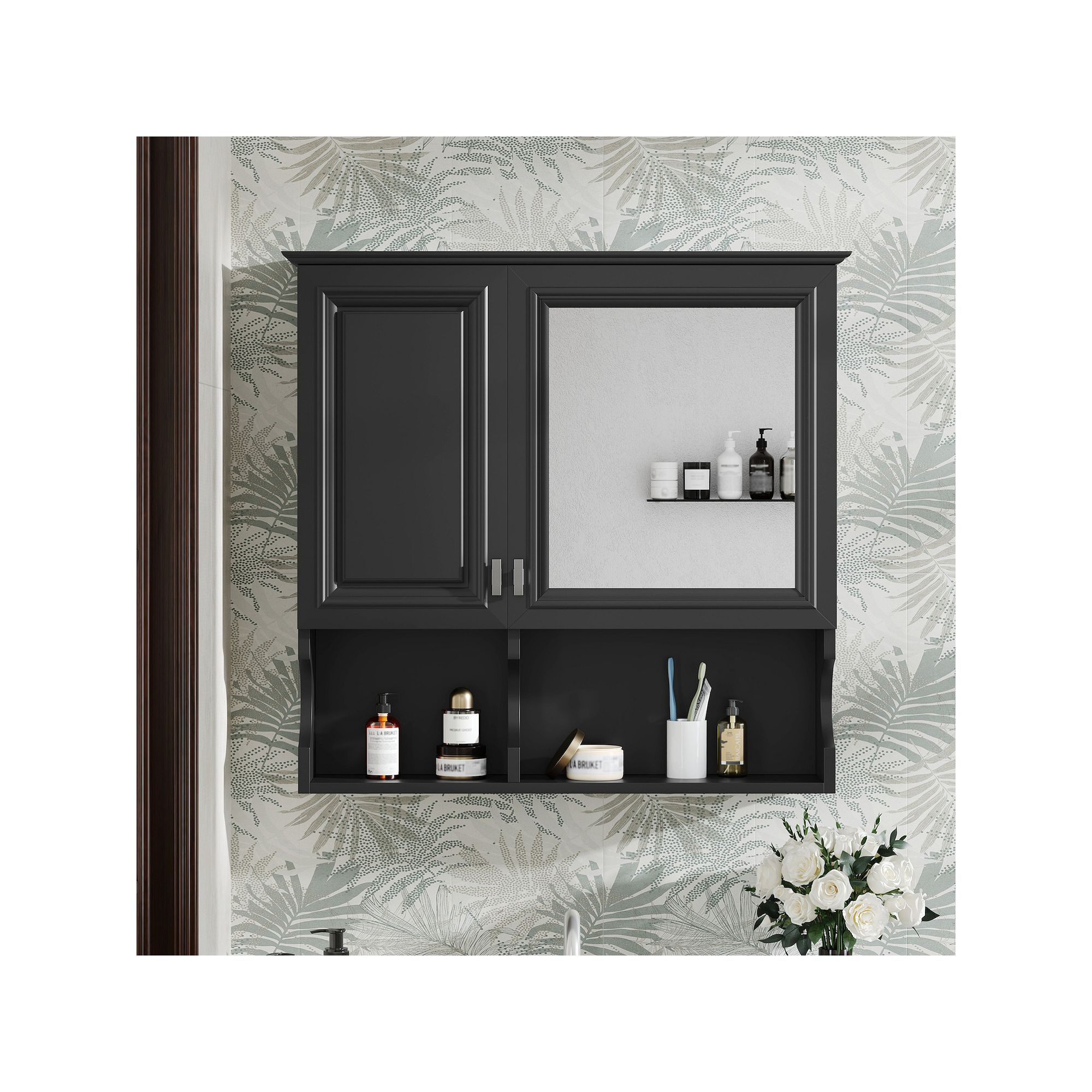 Black wall-mounted mirror cabinet with two doors and open storage bays
