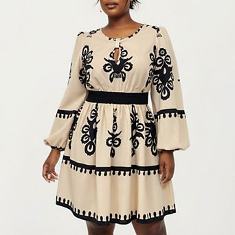 Women's Plus Size Long Sleeve Printed Mini Dress with Elastic Waist Detail