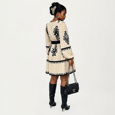Women's Plus Size Long Sleeve Printed Mini Dress with Elastic Waist Detail