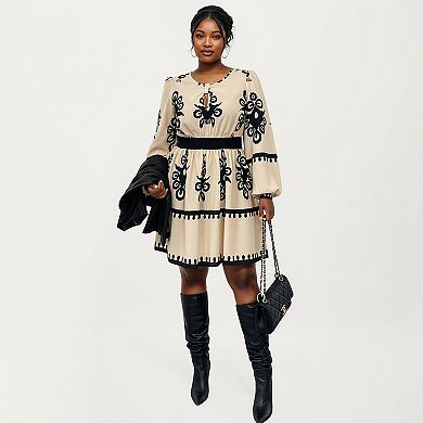 Women's Plus Size Long Sleeve Printed Mini Dress with Elastic Waist Detail