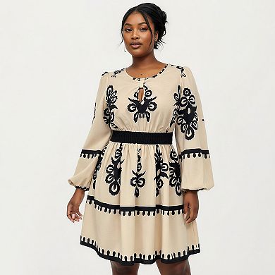 Women's Plus Size Long Sleeve Printed Mini Dress with Elastic Waist Detail