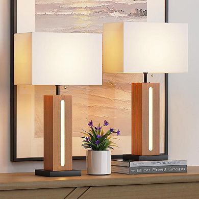ELEMENT ACE Modern Dimmable Table Lamps Set of 2 with LED Nightlight and Linen Shades