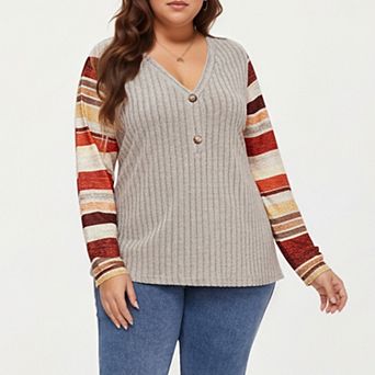Women's Plus Size Ribbed Knit Long Sleeve Pullover Top with V Neck Button Detail and Striped Sleeves