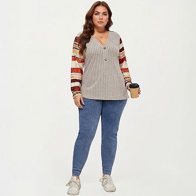Women's Plus Size Ribbed Knit Long Sleeve Pullover Top with V Neck Button Detail and Striped Sleeves