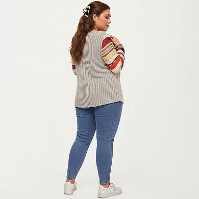 Women's Plus Size Ribbed Knit Long Sleeve Pullover Top with V Neck Button Detail and Striped Sleeves