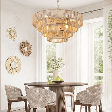 ELEMENT ACE Modern Woven Hemp Rope Chandelier with Adjustable Chain for Living and Dining Rooms