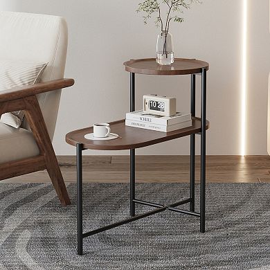 GOODSILO Modern Round Two-Tier Storage Coffee Table with Oval Shelf for Living Room