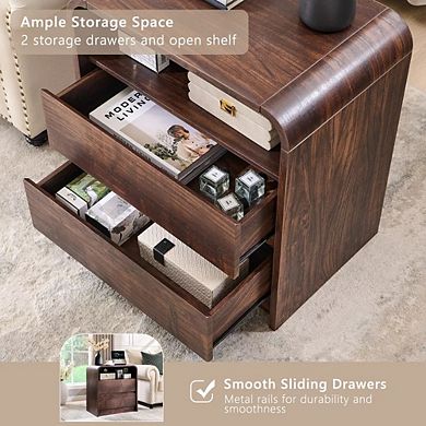 Modern Nightstand with Charging Station, 25" Table w/ Open Shelf & 2 Drawers for Bedroom Living Room