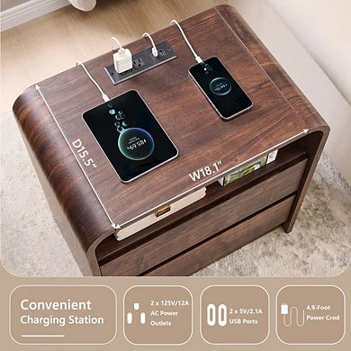 Modern Nightstand with Charging Station, 25" Table w/ Open Shelf & 2 Drawers for Bedroom Living Room