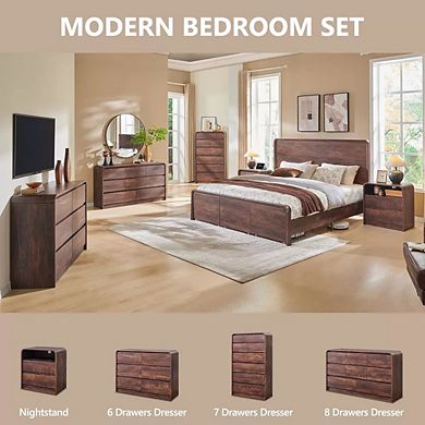 Modern Nightstand with Charging Station, 25" Table w/ Open Shelf & 2 Drawers for Bedroom Living Room
