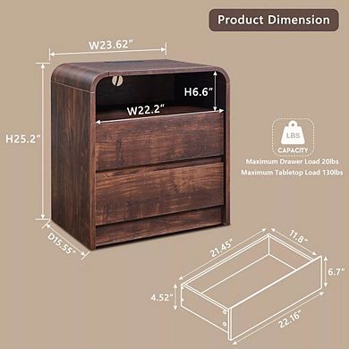 Modern Nightstand with Charging Station, 25" Table w/ Open Shelf & 2 Drawers for Bedroom Living Room