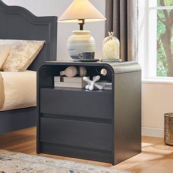 Modern Nightstand with Charging Station, 25" Table w/ Open Shelf & 2 Drawers for Bedroom Living Room