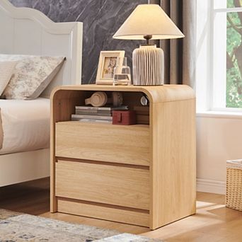 Modern Nightstand with Charging Station, 25" Table w/ Open Shelf & 2 Drawers for Bedroom Living Room