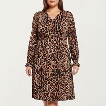 Women's Plus Size Leopard Print Long Sleeve V-Neck Knit Dress with Flattering Straight Silhouette