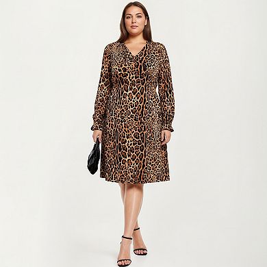 Women's Plus Size Leopard Print Long Sleeve V-Neck Knit Dress with Flattering Straight Silhouette