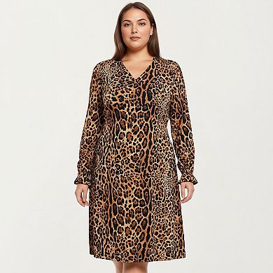Women's Plus Size Leopard Print Long Sleeve V-Neck Knit Dress with Flattering Straight Silhouette