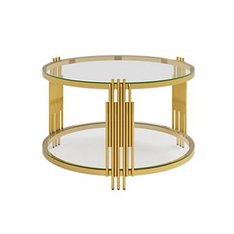 GOODSILO Modern Asymmetrical Coffee Table with Circular Metal Drum Base and Lower Shelf